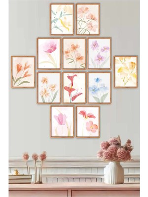 UNT Çerçeve Görünümlü Pastel Çiçekler Duvar Tablosu Seti – Minimal Suluboya Çiçek Posterleri (12’li Set)