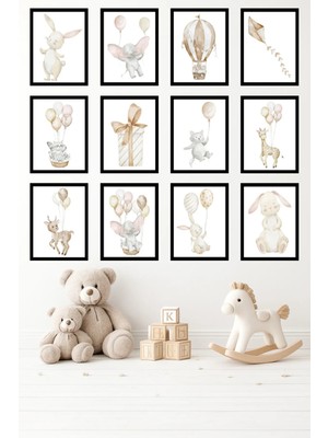 UNT 12'li Çerçeve Görünümlü Bebek ve Çocuk Odası Tablo Seti – 15X20 cm Mdf Uv Baskı