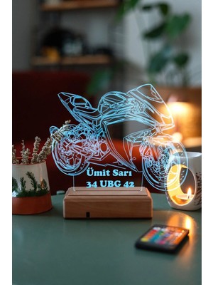 Modiwa Design Yamaha R25 Motor 16 Renk Uzaktan Kumandalı 3D Ahşap Gece Lambası Hediyelik