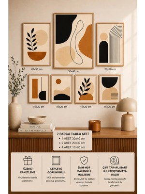 UNT 7'li Çerçeve Görünümlü Tablo Seti | Bohem Soyut Modern | Iskandinav Minimalist| Boho Salon, Ofis, Mutfak ve Çalışma Odası Duvar Dekoru