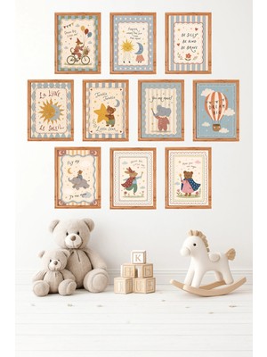 UNT 10'lu Çerçeve Görünümlü Pastel | Bebek Odası | Nursery, Minimalist, Vintage Tablo Seti 15X20 cm Mdf Uv Baskı