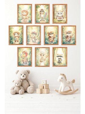 UNT 10'lu Çerçeve Görünümlü Vintage Hayvan | Sevimli Çocuk Odası Tablo Seti 15X20 cm Mdf Uv Baskı