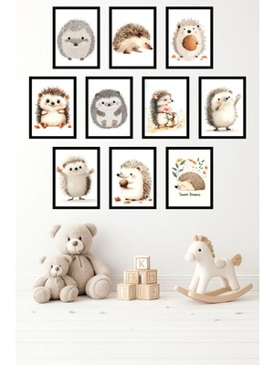 UNT 10'lu Çerçeve Görünümlü Kirpi, Iskandinav Minimal, Çocuk, Nursery Tablo Seti 15X20 cm Mdf Uv Baskı