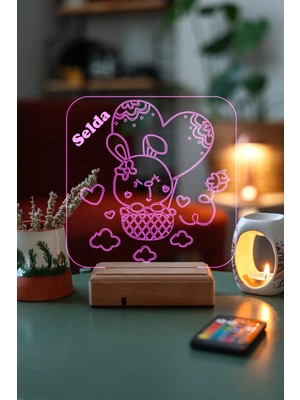 Modiwa Design Çocuklar Için Tavşan ve Kalp 16 Renk Uzaktan Kumandalı 3D Ahşap Gece Lambası Hediyelik
