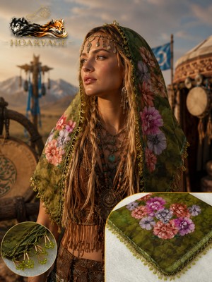 Hoaryage El Emeği Desenli Yazma Kenarına Halka Boncuklu El Oyası Tülbent Yemeni, Fular ,4 Kenarı Oyalı