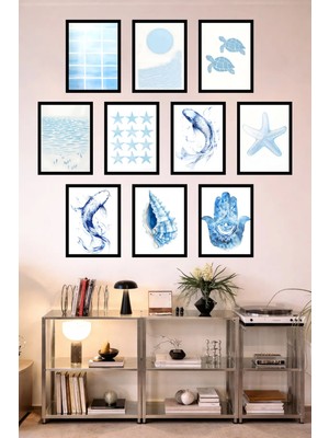 UNT 10'lu Çerçeve Görünümlü Deniz Temalı Mavi | Minimalist Tablo Seti – 15X20 cm Mdf Uv Baskı