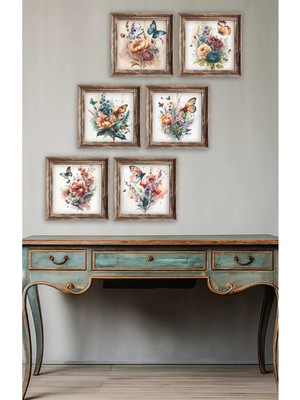 UNT Renkli Çiçek Desenli Uv Baskı Mdf Tablo Seti – 6 Parça Modern Duvar Dekoru Çerçeve Görünümlü
