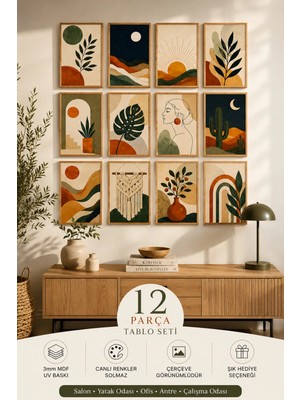 UNT 12 Parça Boho Modern Dekoratif Tablo Seti | Soyut Doğa ve Minimal Çerçeve Görünümlü Mdf Duvar Dekoru