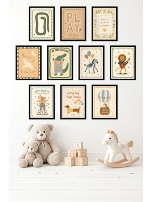 UNT 10'lu Çerçeve Görünümlü Pastel | Bebek Odası | Nursery, Tiger Tablo Seti 15X20 cm Mdf Uv Baskı