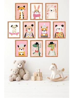 UNT 10'lu Çerçeve Görünümlü Vintage Hayvan | Sevimli Çocuk Odası Tablo Seti 15X20 cm Mdf Uv Baskı