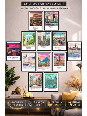 UNT 12 Parça Ahşap Çerçeve Görünümlü Travel Dünya Şehirleri Sanatsal Tablo Seti