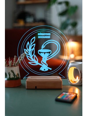 Modiwa Design Eczacılar Günü, Eczacılara Özel, Eczane Logolu 16 Renk Uzaktan Kumandalı 3D Ahşap Gece Lambası