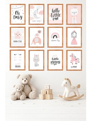 UNT 12'li Çerçeve Görünümlü Minimal, Pastel, Çocuk Odası, Motivasyon Tablo Seti 15X20 cm Mdf Uv Baskı