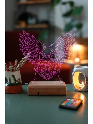 Modiwa Design Kalp ve Kanat 16 Renk Uzaktan Kumandalı 3D Ahşap Gece Lambası Hediyelik