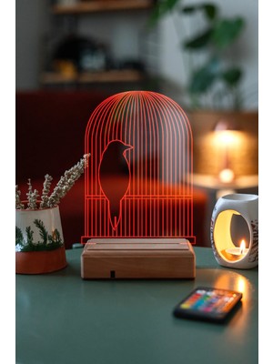Modiwa Design Kafeste Kuş Ev 16 Renk Uzaktan Kumandalı 3D Ahşap Gece Lambası Hediyelik