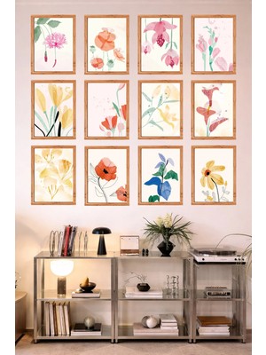 UNT 12'li Çerçeve Görünümlü Çiçek Temalı Minimal | Pastel | Iskandinav Tablo Seti 15X20 cm Mdf Uv Baskı