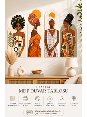 UNT Bohem Tarz Afrikalı Kadın Uv Baskı Mdf Duvar Tablosu 4 Parça