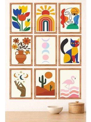 UNT Modern Retro Desenli 9’lu Mdf Tablo Seti 15X20 Uv Baskı Çerçeve Görünümlü