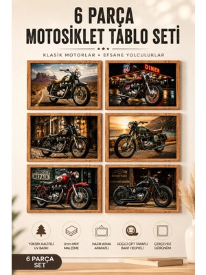 UNT Vintage Motosikletler 6 Parça Mdf Duvar Tablo Seti – Klasik Motor Koleksiyonu | Çerçeve Görünümlü Uv Baskı