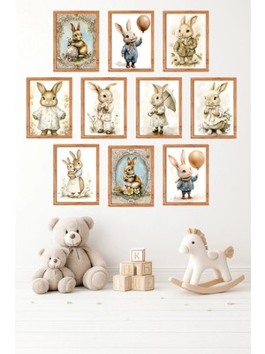 UNT 10'lu Çerçeve Görünümlü Vintage Tavşan | Sevimli Bunny Posterler | Tablo Seti 15X20 cm Mdf Uv Baskı