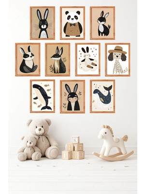 UNT 10'lu Çerçeve Görünümlü Sevimli Hayvan, Aslan, Tavşan, Balina Tablo Seti 15X20 cm Mdf Uv Baskı