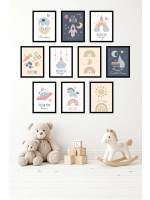 UNT 10'lu Çerçeve Görünümlü Minimal, Pastel, Çocuk Odası, Motivasyon Tablo Seti 15X20 cm Mdf Uv Baskı