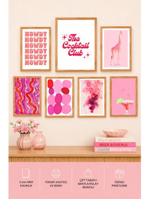 UNT 7'li Çerçeve Görünümlü Pembe Tablo Seti – Pop Art Duvar Dekoru