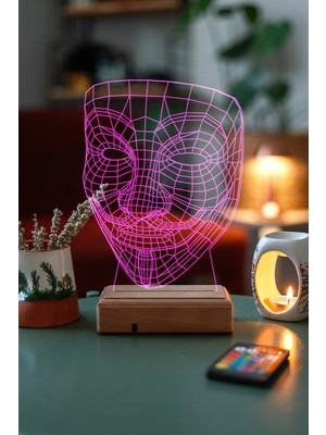 Modiwa Design V For Vendetta Maske 16 Renk Uzaktan Kumandalı 3D Ahşap Gece Lambası Hediyelik