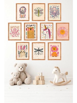 UNT 10'lu Çerçeve Görünümlü Pastel Sevimli Hayvanlar, Unicorn Temalı Tablo Seti– 15X20 cm Mdf Uv Baskı