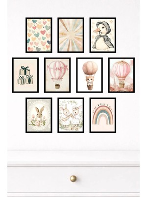 UNT 10'lu Çerçeve Görünümlü Pastel, Tavşan, Balon, Çiçek, Kelebek Tablo Seti 15X20 cm Mdf Uv Baskı