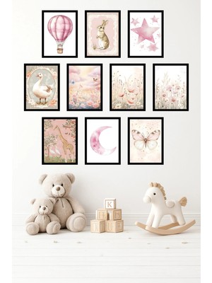 UNT 10'lu Çerçeve Görünümlü Pastel, Tavşan, Balon, Çiçek, Kelebek Tablo Seti 15X20 cm Mdf Uv Baskı