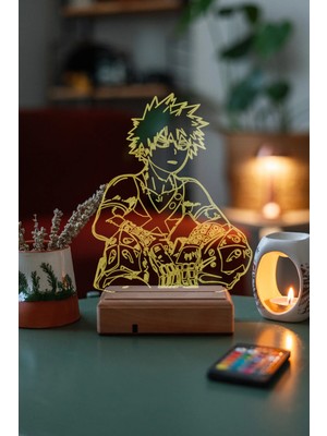 Modiwa Design My Hero Academia Katsuki Bakugo 16 Renk Uzaktan Kumandalı 3D Ahşap Gece Lambası Hediyelik