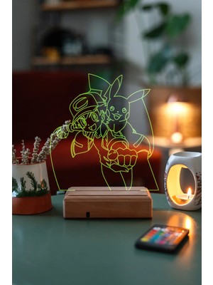 Modiwa Design Pokemon Ash & Pikachu 16 Renk Uzaktan Kumandalı 3D Ahşap Gece Lambası Hediyelik