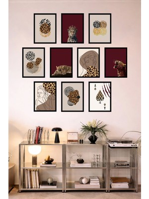 UNT 10'lu Çerçeve Görünümlü Modern Leopar Desenli Tablo Seti– 15X20 cm Mdf Uv Baskı