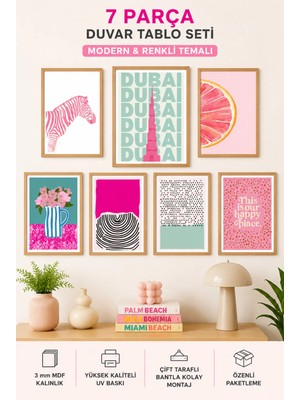 UNT Pembe Çerçeve Görünümlü 7'li Tablo Seti – Coquette, Butterfly, Ibiza Aesthetic Duvar Dekoru