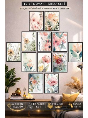UNT Pastel Çiçek Temalı 12’li Mdf Duvar Tablo Seti – Modern Dekoratif Çerçeve Görünümlü 15X20 cm