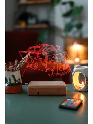 Modiwa Design Klasik Karavan T2 16 Renk Uzaktan Kumandalı 3D Ahşap Gece Lambası Hediyelik