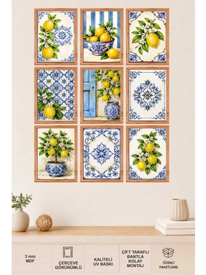 UNT 9 Parça Akdeniz Limon Desenli Mdf Tablo Seti – Mavi Beyaz Seramik Temalı Duvar Dekoru