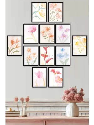 UNT Çerçeve Görünümlü Pastel Çiçekler Duvar Tablosu Seti – Minimal Suluboya Çiçek Posterleri (12’li Set)
