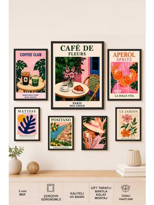 UNT Boho Kafe Temalı Çerçeve Görünümlü 7’li Mdf Tablo Seti Uv Baskı Duvar Dekoru