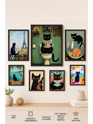 UNT 7’li Kedi Tablo Seti Ahşap Çerçeve Görünümlü Mdf Uv Baskı Dekoratif Duvar Tablosu Modern Salon Ofis