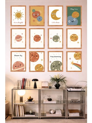 UNT 12'li Çerçeve Görünümlü Çocuk Odası Uzay Temalı - Sevimli Gezegenler ve Ay Güneş Tablo Seti 15X20 cm Mdf Uv Baskı