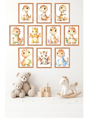UNT 10'lu Çerçeve Görünümlü Vintage Hayvan | Sevimli Dinazor Posterler Tablo Seti 15X20 cm Mdf Uv Baskı