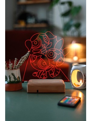 Modiwa Design Powerpuff Girls 16 Renk Uzaktan Kumandalı 3D Ahşap Gece Lambası Hediyelik