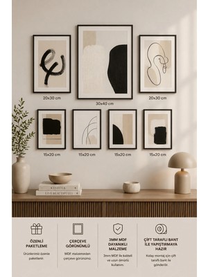 UNT 7'li Çerçeve Görünümlü Tablo Seti | Bohem Soyut Modern | Iskandinav Minimalist| Boho Salon, Ofis, Mutfak ve Çalışma Odası Duvar Dekoru