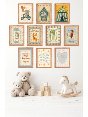 UNT 10'lu Çerçeve Görünümlü Retro Sirk Temalı Çocuk Odası – Sevimli Hayvan ve Motivasyon Tablo Seti 15X20 cm Mdf Uv Baskı