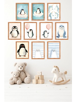 UNT 10'lu Çerçeve Görünümlü Vintage Hayvan | Sevimli Penguen Posterler Tablo Seti 15X20 cm Mdf Uv Baskı