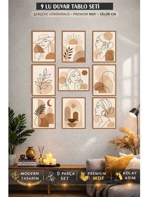 UNT Boho Minimalist Kadın Çizim 9'lu Duvar Tablo Seti – Çerçeve Görünümlü Premium Mdf 15X20 cm