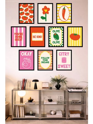 UNT 10'lu Çerçeve Görünümlü Mutfak | Modern | Retro Duvar Posteri Tablo Seti– 15X20 cm Mdf Uv Baskı