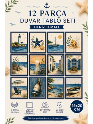 UNT 12 Parça Deniz Temalı Duvar Tablo Seti 15X20 cm – Lacivert Çerçeve Görünümlü Mdf Uv Baskı